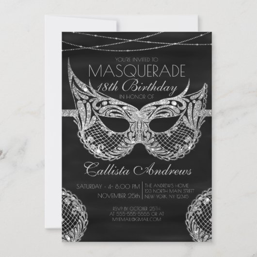 Black Silver Glitzer Lace Masquerade Geburtstag Einladung (Vorderseite)