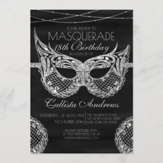 Black Silver Glitzer Lace Masquerade Geburtstag Einladung