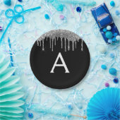 Black Silver Glitzer Monogram Birthday Pappteller (Party)