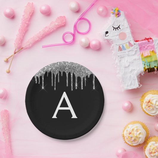 Black Silver Glitzer Monogram Birthday Pappteller (Party)