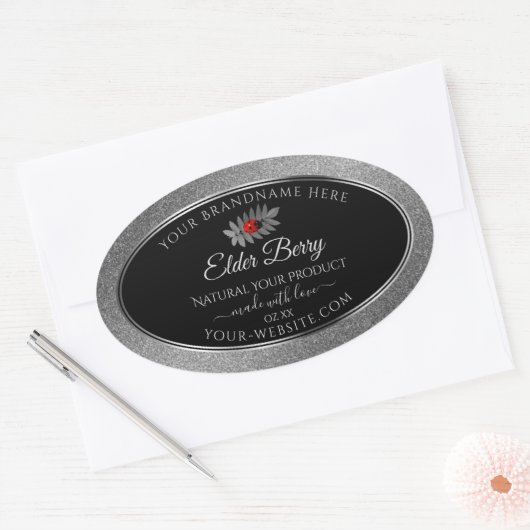 Black Silver Glitzer Product Labels Red Ladybug Ovaler Aufkleber (Umschlag)