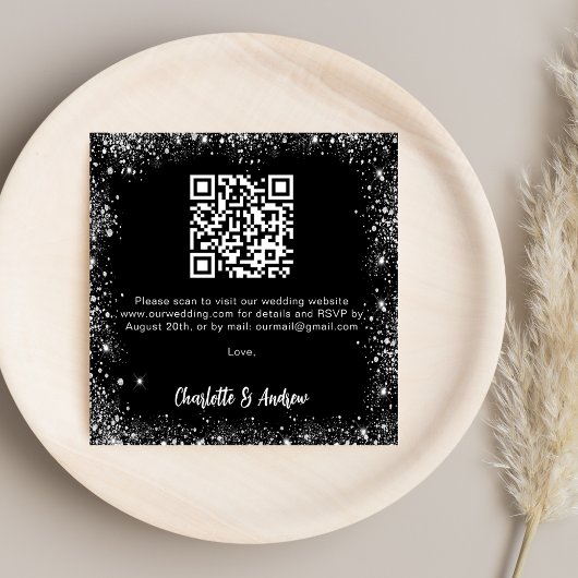 Black Silver Glitzer QR Code Hochzeit RSVP Begleitkarte