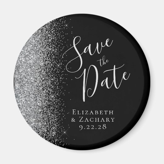 Black Silver Glitzer Script Save the Date Magnet (Vorne)
