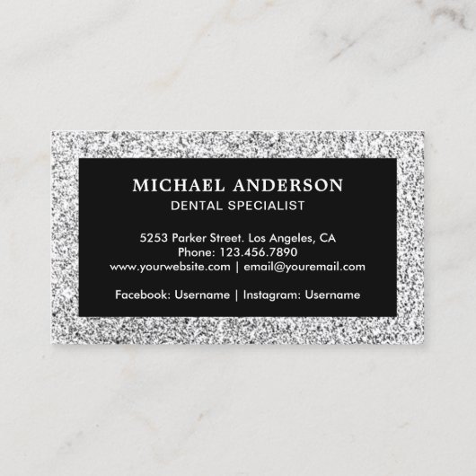 Black Silver Glitzer Tooth Zahnarzt Visitenkarte (Rückseite)