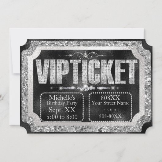 Black & Silver Glitzer und Diamonds Ticket Einladung (Vorderseite)