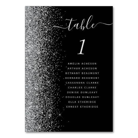 Black Silver Glitzer Wedding Tischnummer (Vorderseite)