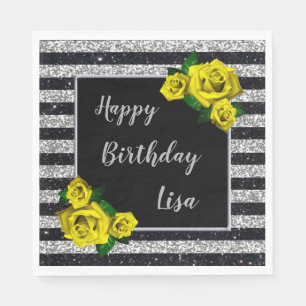 Black Silver Glitzer Yellow Roses Geburtstag Serviette