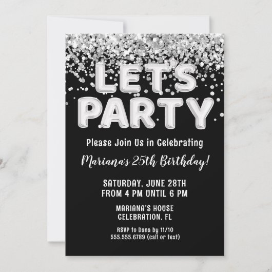 Black Silver Glitzern Birthday Party Einladung (Vorderseite)