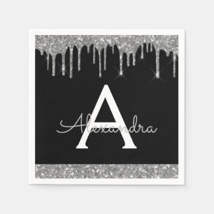 Black Silver Glitzern Black Monogram Birthday Serviette