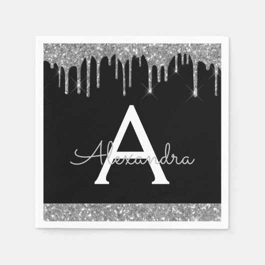 Black Silver Glitzern Black Monogram Birthday Serviette (Vorderseite)