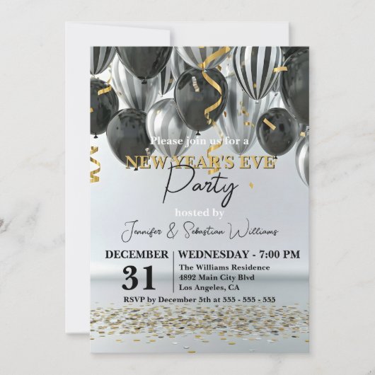 Black Silver Gold Confetti Silvester Party Einladung (Vorderseite)