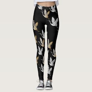 Black Silver Gold Crane Japanisches Muster Leggings
