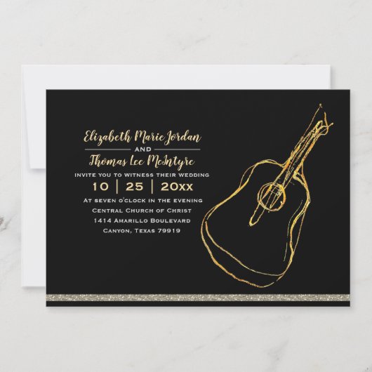 Black Silver Gold Gitarre Wedding Einladung (Vorderseite)