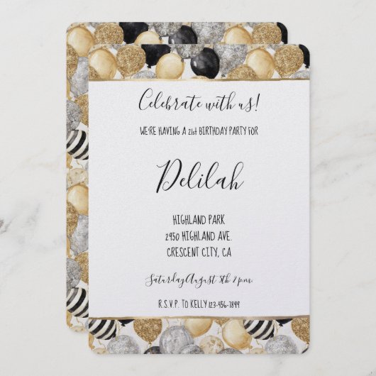 Black Silver Gold Glam Balloons Birthday Einladung (Vorne/Hinten)