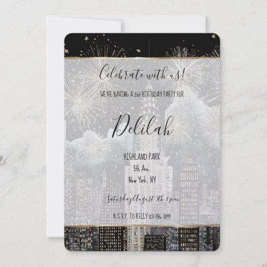 Black Silver Gold Glam Firework City Birthday Einladung (Vorderseite)