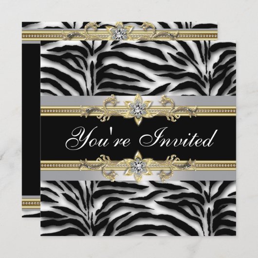 Black Silver Gold Zebra Jeder Anlass Party Einladung (Vorne/Hinten)