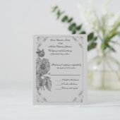 Black Silver Gray Peony Floral Wedding RSVP Karte (Stehend Vorderseite)