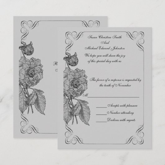 Black Silver Gray Peony Floral Wedding RSVP Karte (Vorne/Hinten)