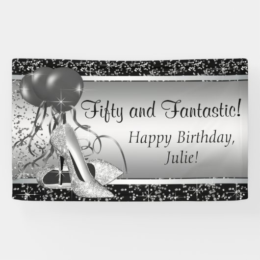 Black Silver High Heel Shoe Geburtstagsparty Banner (Horizontal)