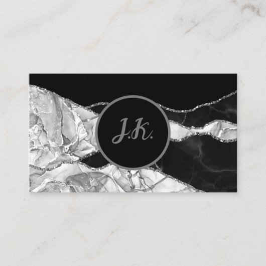 Black Silver Initials Agate Glam Marble Visitenkarte (Vorderseite)