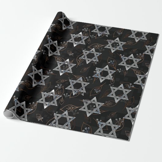 Black Silver Jewish Star Design Wrapping Paper Geschenkpapier (Ungerollt)