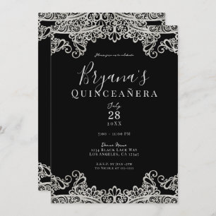 Black & Silver Lace Elegantes Quinceñera Party Einladung