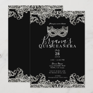 Black & Silver Lace Masquerade 15. Quinceañera Einladung