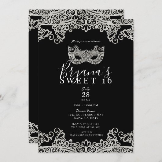 Black & Silver Lace Masquerade Sweet 16 Party Einladung (Vorne/Hinten)