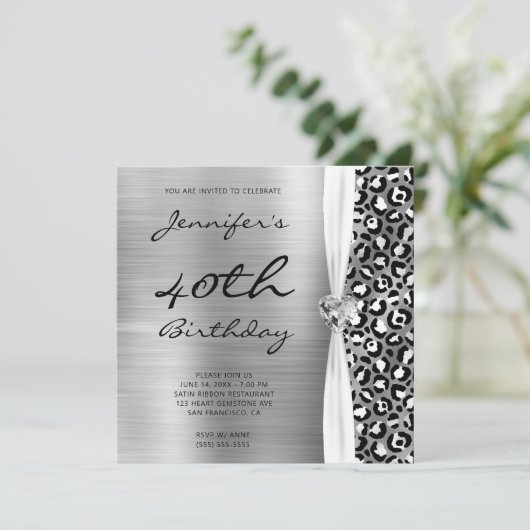 Black Silver Leopard Foil Gem Ribbon 40. Geburtsta Einladung (Stehend Vorderseite)