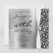Black Silver Leopard Foil Gem Ribbon 40. Geburtsta Einladung (Vorderseite)
