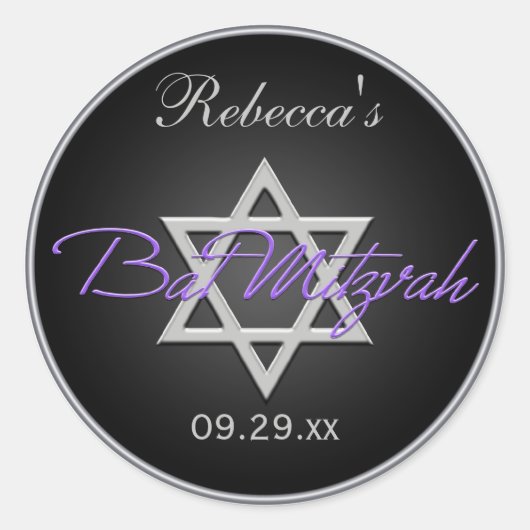 Black Silver Lila 1,5" Round Bat Mitzvah Sticker (Vorderseite)