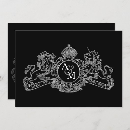 Black Silver Lion Unicorn Regal Emblem Wedding Einladung (Vorne/Hinten)