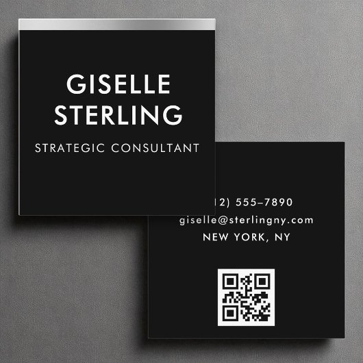 Black Silver Luxury QR Code Minimale Typografie Quadratische Visitenkarte
