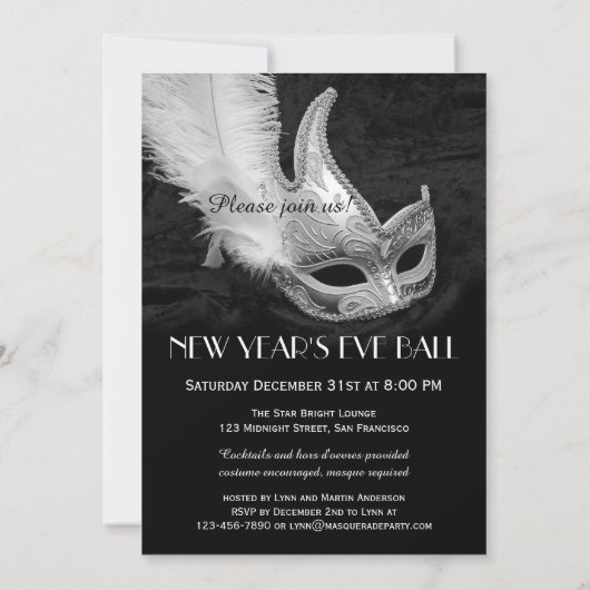 Black Silver Masquerade Ball Party Einladung (Rückseite)