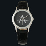 Black Silver Modern Script Girl Monogram Name Armbanduhr<br><div class="desc">Schwarz und Silver Einfache Script Monogram Name Watch. Dies macht den perfekten Abschluss,  Geburtstag,  Hochzeit,  Brautparty,  Jubiläum,  Babydusche oder Junggeselinnen-Abschied Geschenk für jemanden,  die Lieben glamourösen Luxus und schicke Stile.</div>