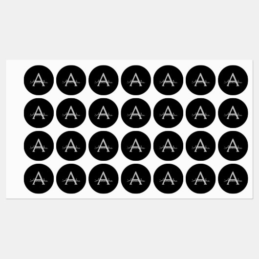 Black Silver Modern Script Girl Monogram Name Etiketten (Blatt)