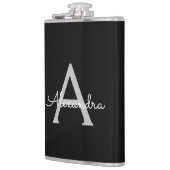 Black Silver Modern Script Girl Monogram Name Flachmann (Links)