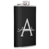 Black Silver Modern Script Girl Monogram Name Flachmann (Rechts)