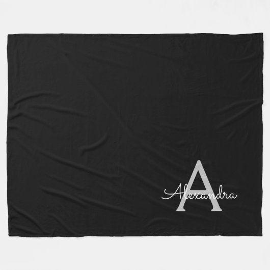 Black Silver Modern Script Girl Monogram Name Fleecedecke (Vorderseite (Horizontal))
