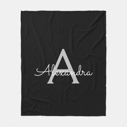 Black Silver Modern Script Girl Monogram Name Fleecedecke (Vorderseite)