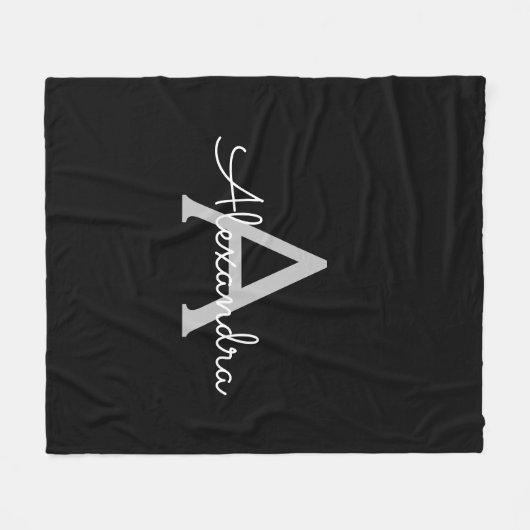 Black Silver Modern Script Girl Monogram Name Fleecedecke (Vorderseite (Horizontal))