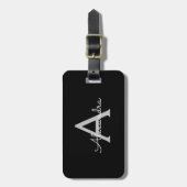 Black Silver Modern Script Girl Monogram Name Gepäckanhänger (Vorderseite vertikal)