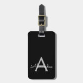 Black Silver Modern Script Girl Monogram Name Gepäckanhänger (Vorderseite vertikal)