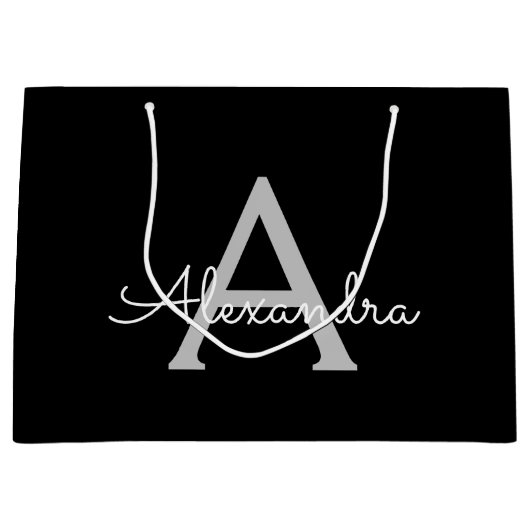 Black Silver Modern Script Girl Monogram Name Große Geschenktüte (Vorderseite)
