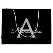 Black Silver Modern Script Girl Monogram Name Große Geschenktüte (Rückseite)
