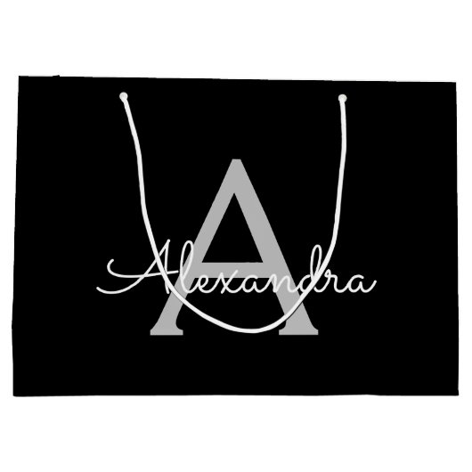 Black Silver Modern Script Girl Monogram Name Große Geschenktüte (Rückseite)