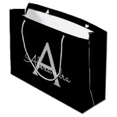 Black Silver Modern Script Girl Monogram Name Große Geschenktüte (Rückseite Schrägansicht)