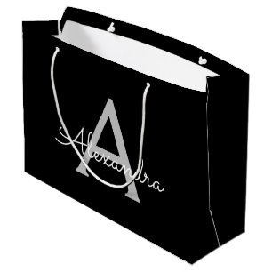 Black Silver Modern Script Girl Monogram Name Große Geschenktüte