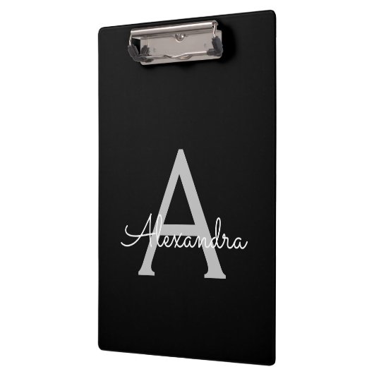 Black Silver Modern Script Girl Monogram Name Klemmbrett (Links)