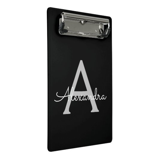 Black Silver Modern Script Girl Monogram Name Mini Klemmbrett (Schrägansicht)